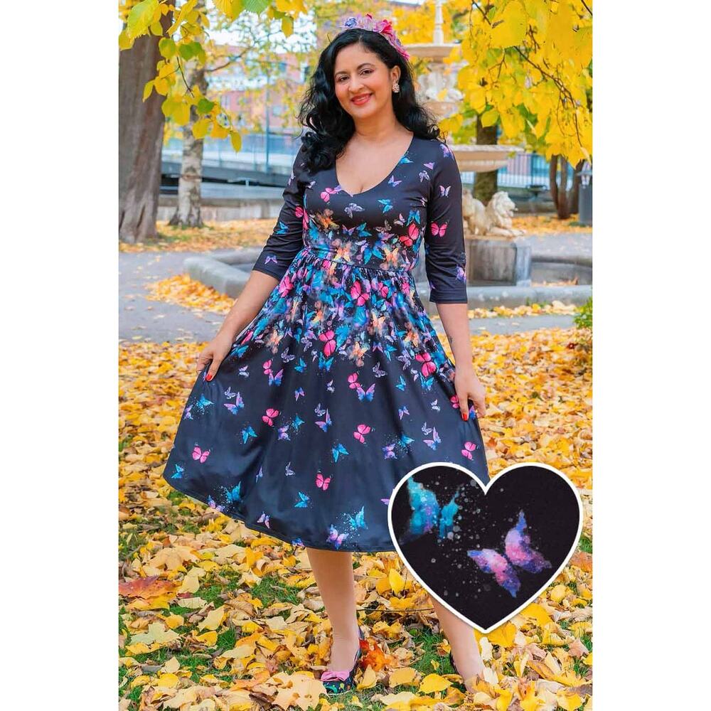 Dolly & Dotty Billie Black Butterfly Long Sleeved Dress Size 14